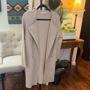 Open-Front Long Cardigan Sweater in Light Beige - Unbranded